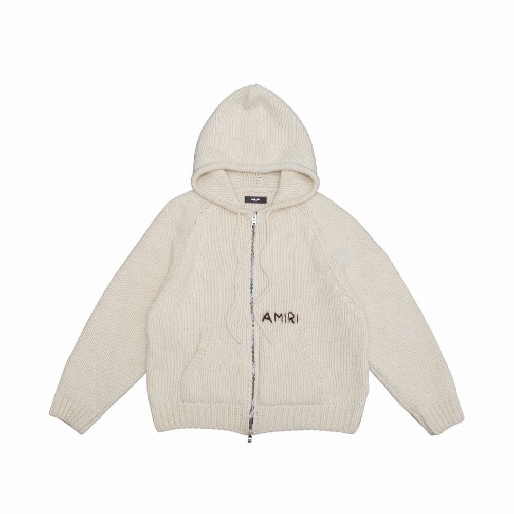 1590$ AMIRI Chunky Zip-Up Wool Hoodie Logo Embroidered Tan Size:XL